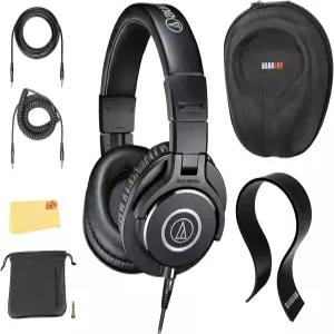 오디오 테크니카 ATH-M40x 프로페셔널 모니터 헤드폰 - 케이스 스탠드 파우치 및 오스틴 바자회 연마 천이