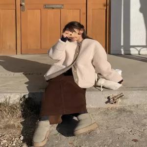 라임드 양털 배색 노카라 점퍼 85483 빅사이즈 여성의류