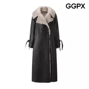[GGPX] GPCCT010F 안감 퍼 더블 카라 페이크 레더 롱 코트