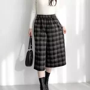 여자 링벨트 8부 와이드핏 체크팬츠 FW 고무줄 바지