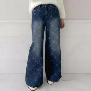 여성 키치 돌고래 프린트 체크 약기모 통 바지