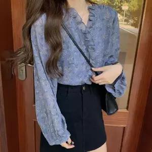 [하프클럽/]걸스 춘절기 여름철 긴소매 플리츠드레스셔츠 브라우스 블루 데