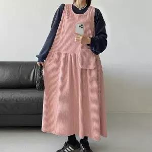 [하프클럽/]여자 코듀로이 포켓 빅사이즈 기모 민소매 롱원피스