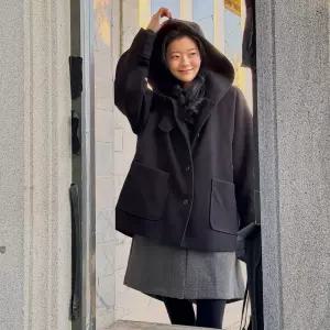 모직 나그랑 후드 숏 코트 누빔안감 여성 빅사이즈