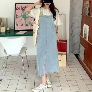 [하프클럽/]D161 멜빵원피스 데님 심플한 LL