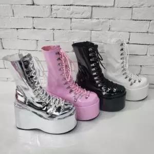 여성 4컬러 유광 메탈 스트릿 레이스업 통굽워커부츠