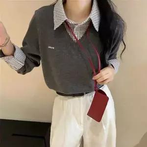 [하프클럽/]여성 체크 셔츠 레이어드 브이넥 니트 티셔츠