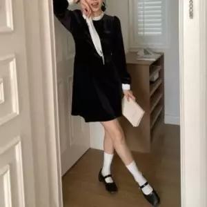 [하프클럽/]여성용 클래식 무지 벨벳 리본 미니 원피스