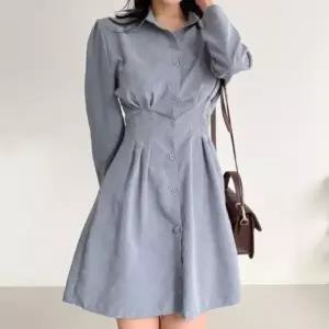 [하프클럽/]여성 데일리 핀턱 버튼 카라 셔링 미니 원피스