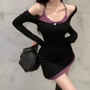 [하프클럽/]여성 홀터넥 레이어드 슬림핏 언발란스 미니 드레스