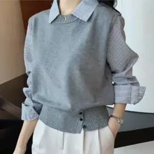여성 페이크 스트라이프 셔츠 니트 캐주얼 배색 레이어드