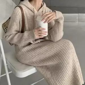 여성 후드 원피스 후드 원피스 골지 치마 롱니트 겨울 니트 롱