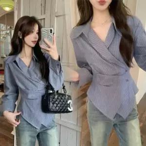 스트라이프 셔츠 펀칭블라우스 크롭셔츠 랩 온나핏