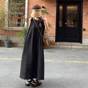 블랙코튼 여름 온나핏 민소매백트임 하객 루즈핏롱원피스