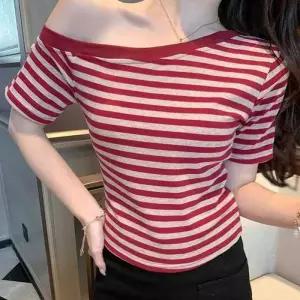 여성 스트라이프 슬림 숄더 크롭 스트라이프티 오프 레드 슬림핏상의 티셔츠 여름 반
