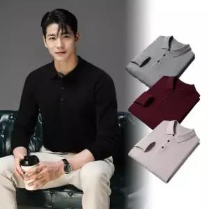 남자 단추 카라 니트티 가을 겨울 두꺼운 울니트 카라티 니트