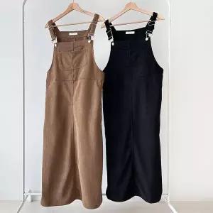 [옷자락]여성 골덴 멜빵 롱 원피스 포켓 포근한 기모 뒤트임 오버사이즈_P409126347