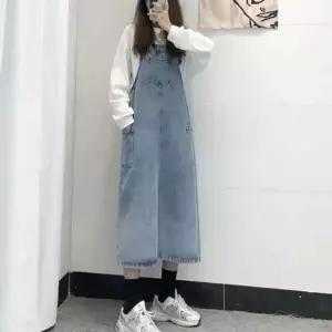 [하프클럽/]데님롱 치마 멜빵 원피스 청치마 스커트