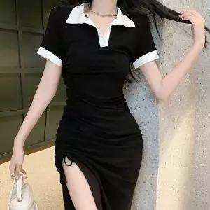 [하프클럽/]반팔원피스 여자 옆트임 셔링 예쁜 롱원피스 카라 배색 캐주얼