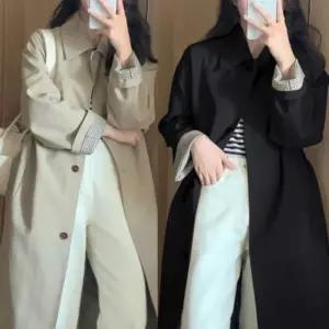 여성 클래식 체크 포인트 심플 베이직 배색 오버핏 허리스트랩 트렌치코트 롱코트 롱자켓
