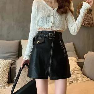 [하프클럽/]블랙 가죽 앞지퍼 하객패션 스커트 미니 오피스룩 플