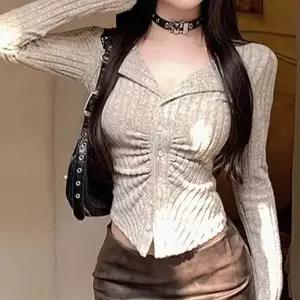 [라일리여성의류] Rly 여성 브이넥 셔링 슬림 니트 가디건 오픈 카라탑