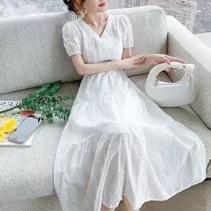 [하프클럽/]여성 펀칭 퍼프 소매 반팔 롱원피스 1P 플레어 스커트