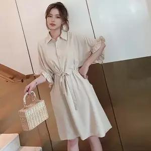 [하프클럽/]여자 허리끈 반팔 카라 셔츠 원피스 LDW-OPS-SSIS366-베이지