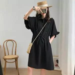 [하프클럽/]여자 허리끈 반팔 카라 셔츠 원피스 LDW-OPS-SSIS366-블랙