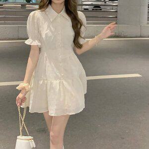 [어도어에이블]여성 쉬폰 원피스 퍼프소매 플레어 미니 셔츠 원피스