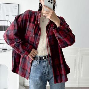 여자 후드남방 가을 빅사이즈 체크 셔츠
