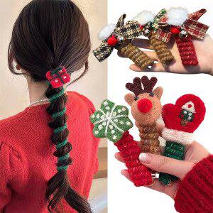 러블리 리본 크리스마스 데코 털 퍼 전화선 헤어 타이 포니테일 스프링 머리끈 꽈배기 고무줄