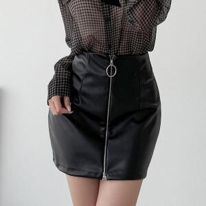 [옷자락]여자 겨울 프론트 링지퍼 가죽 레더 블랙 미니스커트