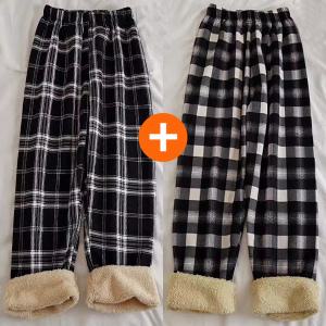 여성 양털 체크 기모 수면 바지 융털 겨울 와이드 밴딩 팬츠 잠옷 파자마 2개