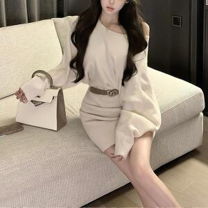 오프숄더 여리 겨울 글램룩 허리벨트 미니 니트원피스