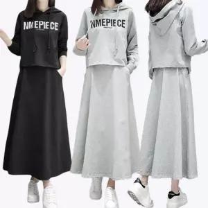 [로즈엘리][2컬러] 여성 간절기 투피스 후드티 롱스커트 긴팔 상하세트