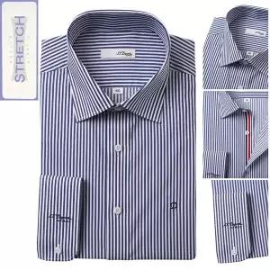 듀퐁셔츠 SE5SM12LS909SNY 구김 적은 일반핏 네이비 스트라이프 스트레치 삼선 포인트 소매 로고 스판 셔츠