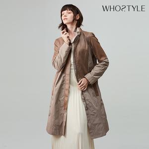 후스타일 여성 미니멈 레더 콤비 롱 자켓 베이지