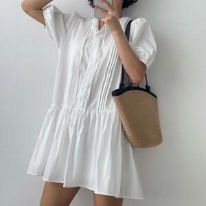 여자 여름 휴양지룩 핀턱 퍼프 미니원피스