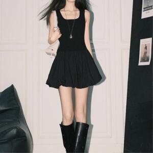 여성 블랙 아이보리 벌룬 민소매 미니 원피스