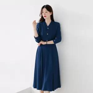 [시크라인] (~XXL까지) 에린느 브이넥 핀턱 플리츠 원피스 가을 하객룩 오피스룩 모임룩 격식룩 빅사이즈