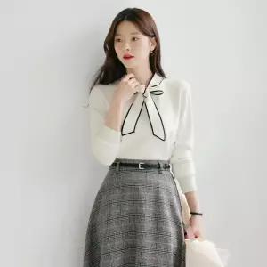 [시크라인] (~XXL까지) 에노린 배색 타이넥 데일리 니트 가을 긴팔 베이직 하객룩 오피스룩 모임룩 격식룩 빅사이즈