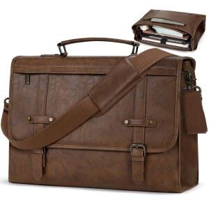 레인모어 남성 메신저백 17인치 방수 빈티지 가죽 노트북 서류 가방 대형 컴퓨터 사첼백 레트로 숄더백, 브라운