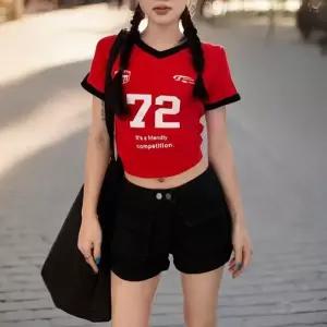 여성 봄 여름 스포티 브이넥 숏 반팔 티셔츠