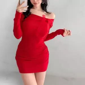 여성 단색 오프숄더 스판 미니 긴팔 드레스