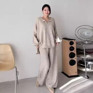 여성 데일리 울 카라 언발 롱 니트 바지 세트 꾸안꾸 투피스 셋업 -WPST0254- 가을 겨울