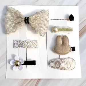 골드 프린세스 플라워 리본 유아 헤어핀 7종 세트/여아/머리핀/어린이/머리/똑딱핀/고정/헤어/고정핀/집게