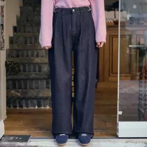 기모 논페이드 와이드 롱 청바지 핀턱 생지 데님 여성 빅사이즈