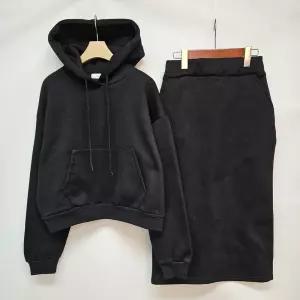 국산 여성 기모 후드 티셔츠 롱스커트 셋업 LL-WSET-5008-블랙