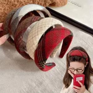 빈티지 니트 패브릭 체크 패턴 두꺼운 머리띠 머리 고정 귀안아픈 볼륨 헤어 밴드 여성 악세사리